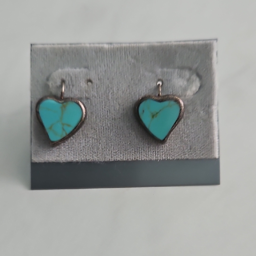 Vintage Mexico Oxidized Silver Turquoise Heart Earrings